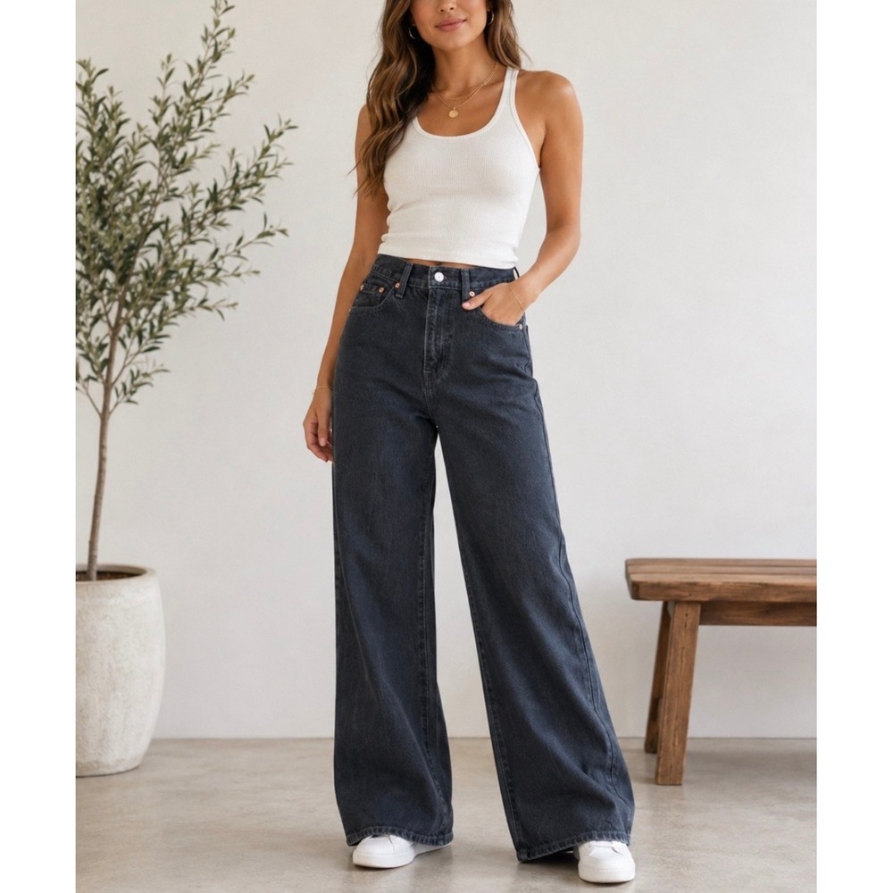 Levi Ribcage Wide Leg Jeans Women Size 30 Black